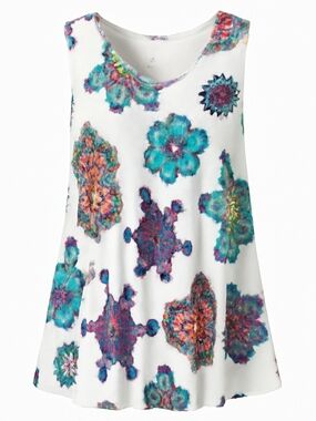 LuLaRoe White Tank Top with Teal, Purple & Orange Medallions